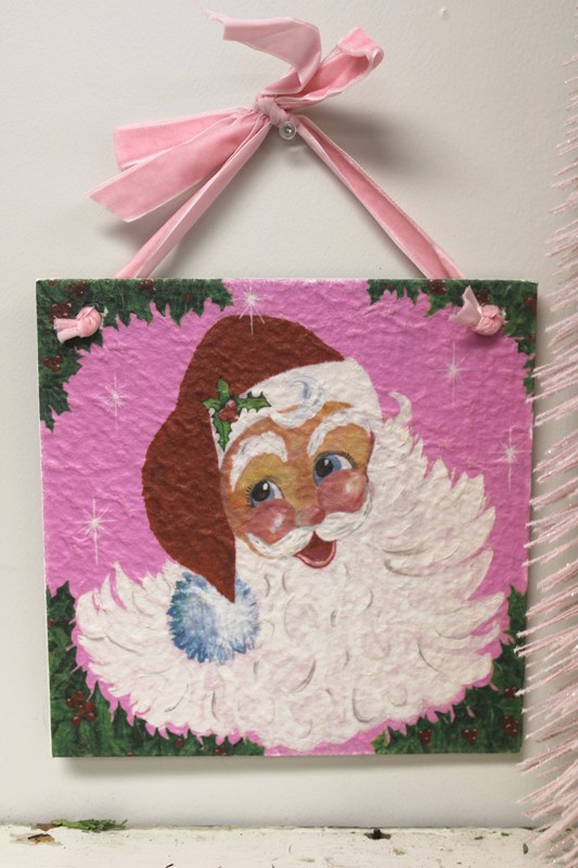 8x8" Textured Wall Sign, Velvet Ribbon, Santa on Pink ©Cyta Art CHX0003