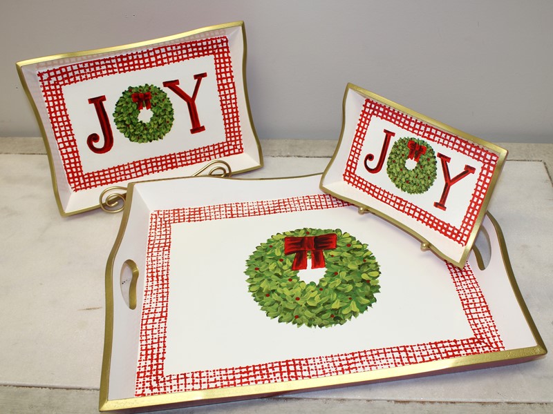 Set/3 Handpainted Wood Trays, Joy/Wreath 8.5x6, 11x8, 17x13" ©Tawnya Norton TNX3010S