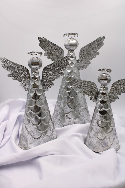Set/3 Silver Leaf Angels, Scallop, Tabletop or Tree Topper 12, 14.5, 17.75" JM9317S