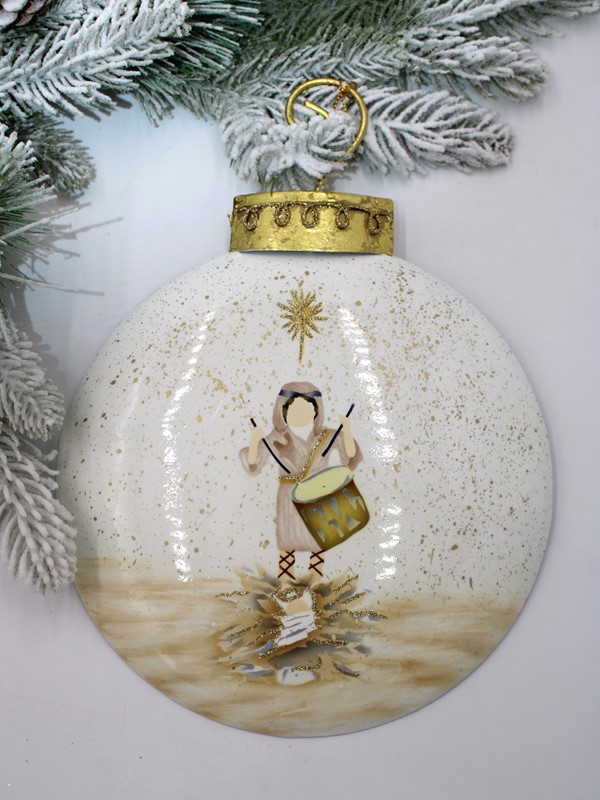 8x.5x10.5" Handpainted Metal Ornament, Drummer Boy at Manger ©Tawnya Norton TNX3038