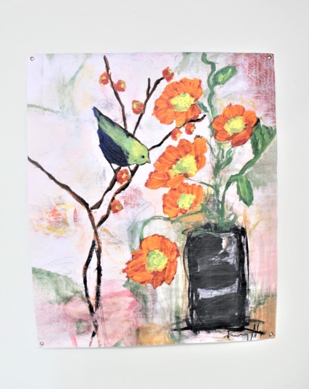 38x46" Art Paper, Vase Of Flowers with Bird, Orange and Green ©Tawnya Norton TN2116