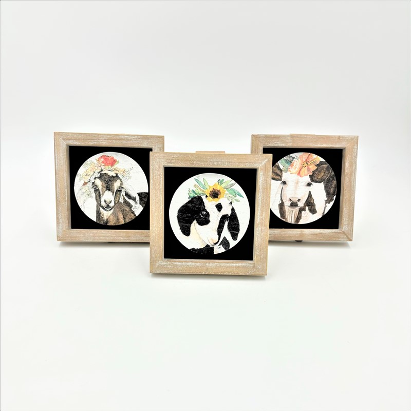 5x1x5" Tabletop Framed Art, Farm Animals w/ Flowers, 3 assorted ©Dolly Estelle DE9010A