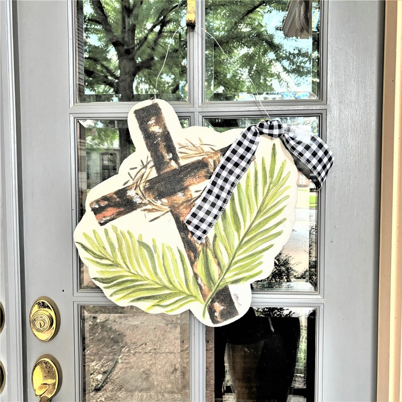 20.5x19.75" Handpainted Burlap Door Decor, Cross w Palm Leaves ©Haley Bush HB1026