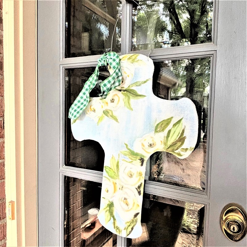 18.25x23.75" Handpainted Burlap Door Decor, Cross Lt Blue w Flowers ©Haley Bush HB1027