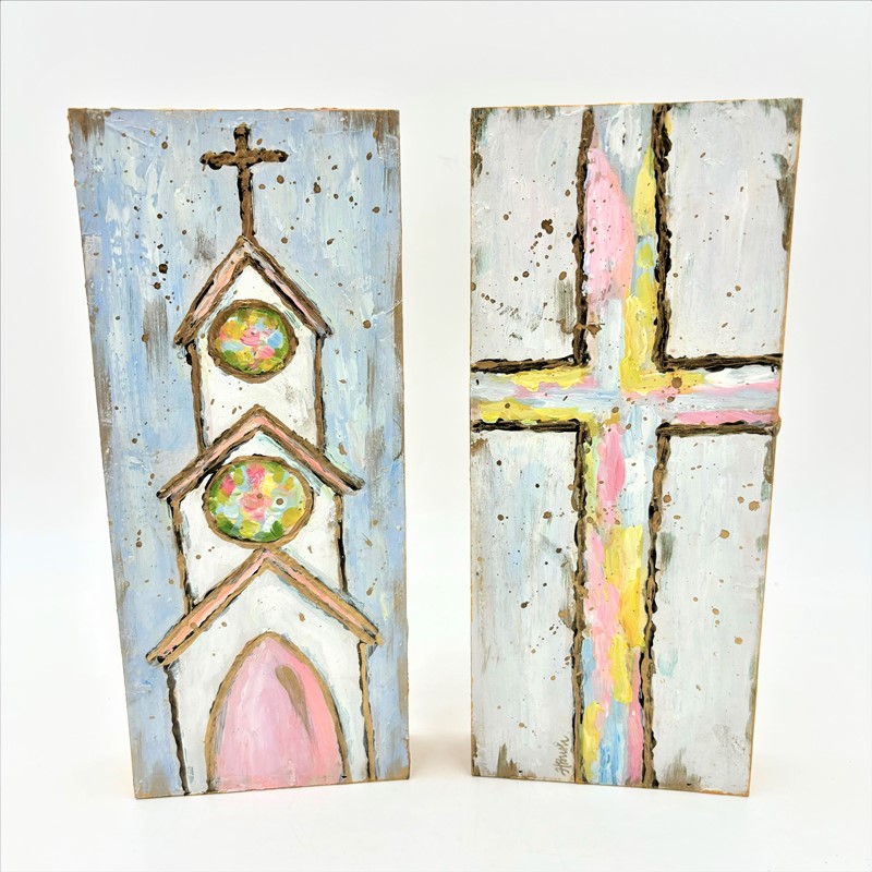 5x1.5x12" Handpainted Block Sign, Cross & Church Pastel ©Haley Bush, 2 assorted HB1037A