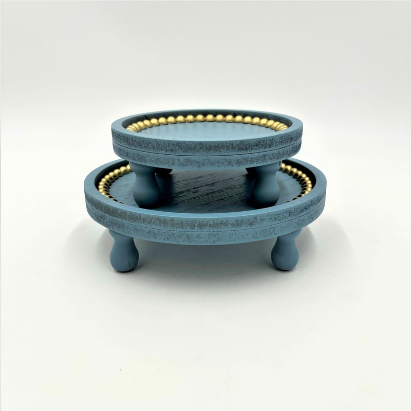 Set/2 Round Mdf Trays, Blue with Gold Beads, 7.5x2, 5.75x2" HD7230S