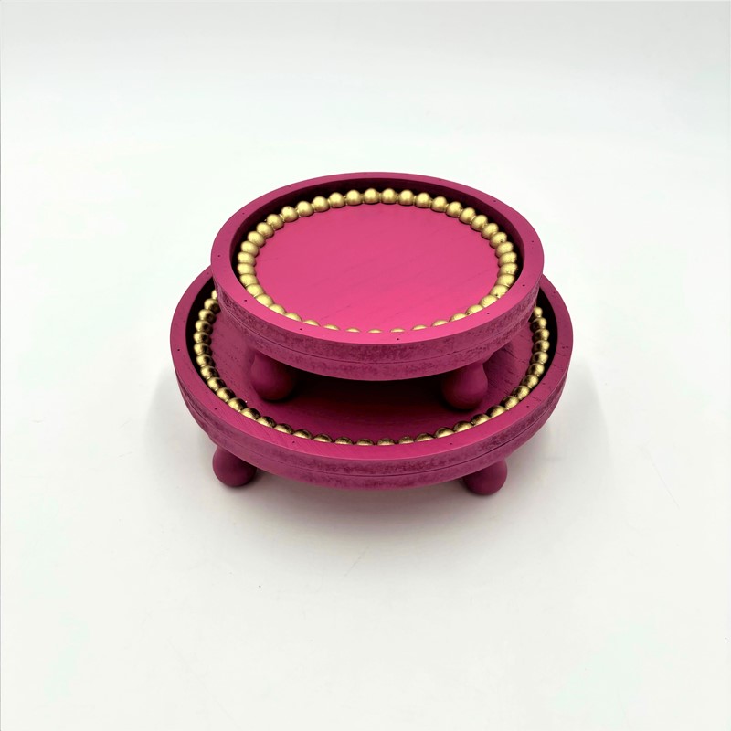Set/2 Round Mdf Trays, Fuchsia with Gold Beads, 7.5x2, 5.75x2" HD7231S