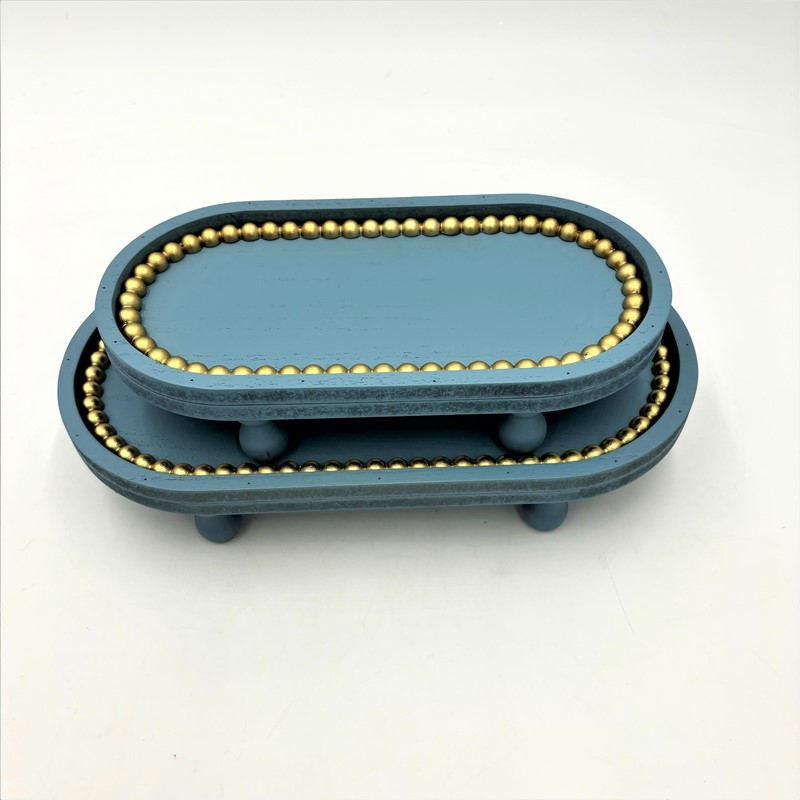 Set/2 Oblong Mdf Trays, Blue with Gold Beads, 11.5x5.75x2, 9.25x4.5x2" HD7232S