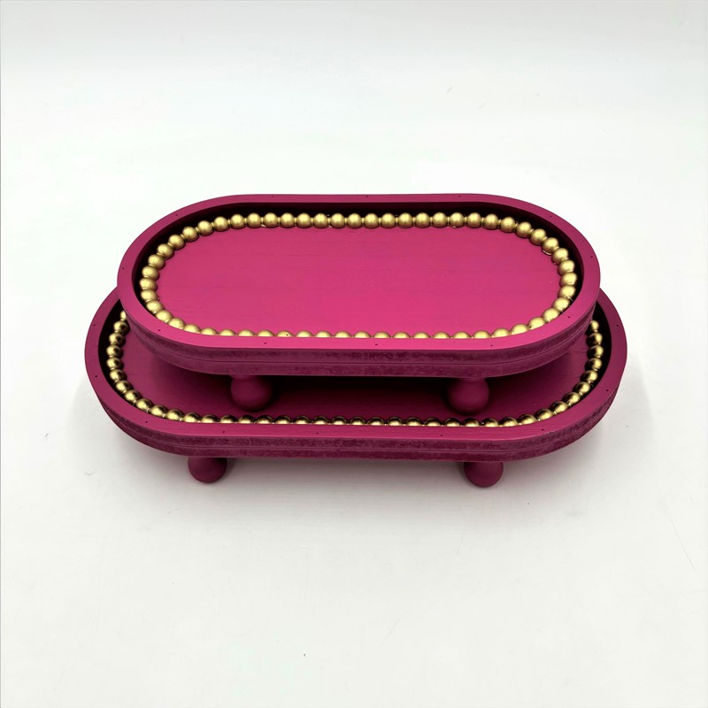 Set/2 Oblong Mdf Trays, Fuchsia with Gold Beads, 11.5x5.75x2, 9.25x4.5x2" HD7233S