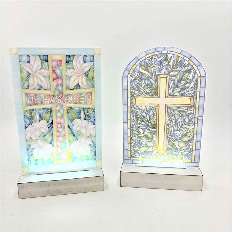 6x2.4x10" Acrylic LED Table Sign, Stained Glass Cross, 2 assorted ©Amy Hall AH4002A