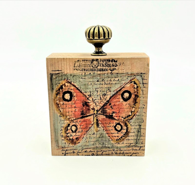 3.5x1.75x4.5" Wood Block w Iron Knob, Butterfly, Ant. Paper ©Candice Boatright CB1804