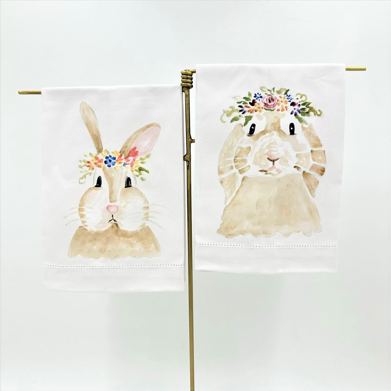 13x20" Handpainted Tea Towel, Rabbits w/ Flowers, 2 asst'd ©Megan Grinder MG1023A