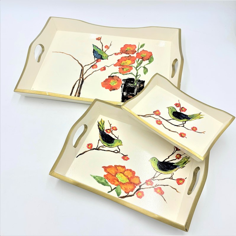 Set/3 Handpainted Wood Trays, Birds on Branch, Flowers ©Tawnya Norton TN2154S
