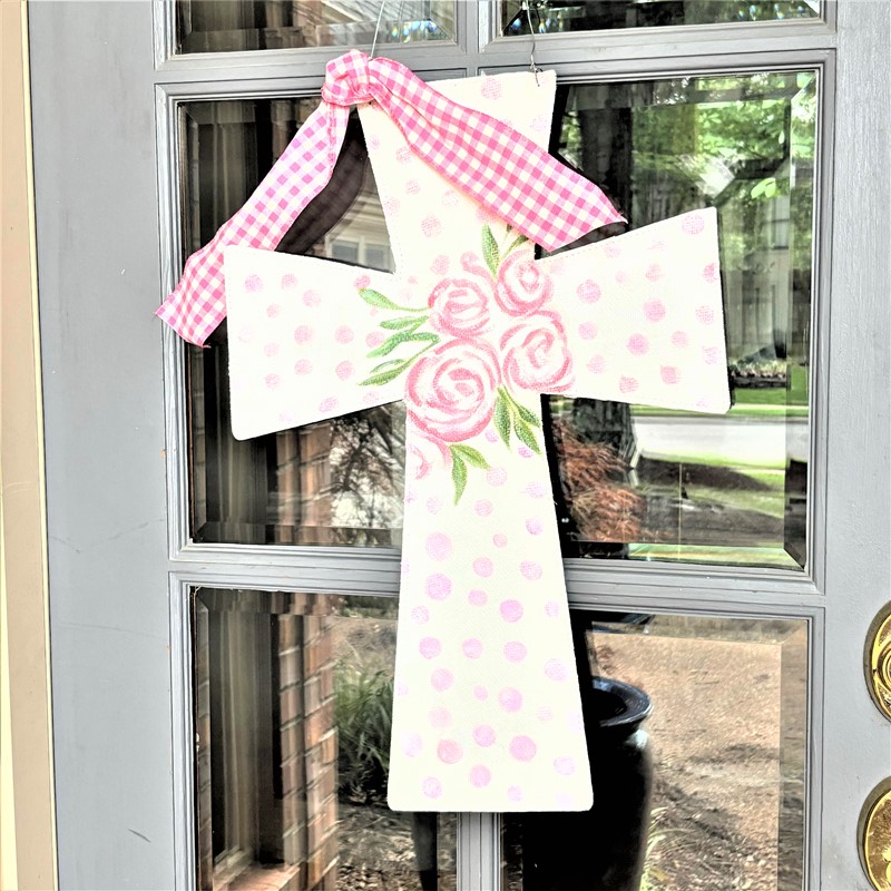 16x23" Handpainted Burlap Door Decor, Cross w Pink Dots & Flowers ©Haley Bush HB1028