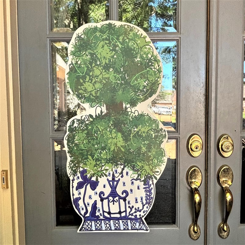 17.25x.43x34.5" Wood Topiary in Chinoiserie Pot Door Décor ©Jamie Jones JJ4006