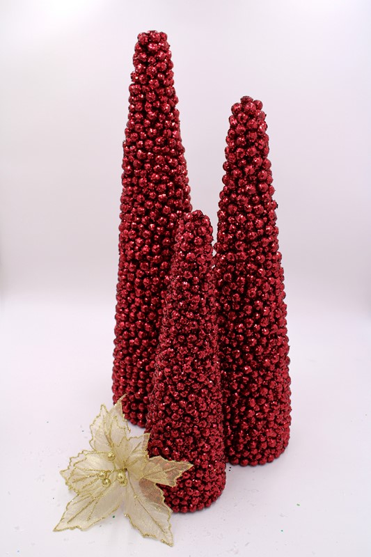 Set/3 Red Shimmer Glitter Cone Berry Trees, 18, 24, 38" CM3010S