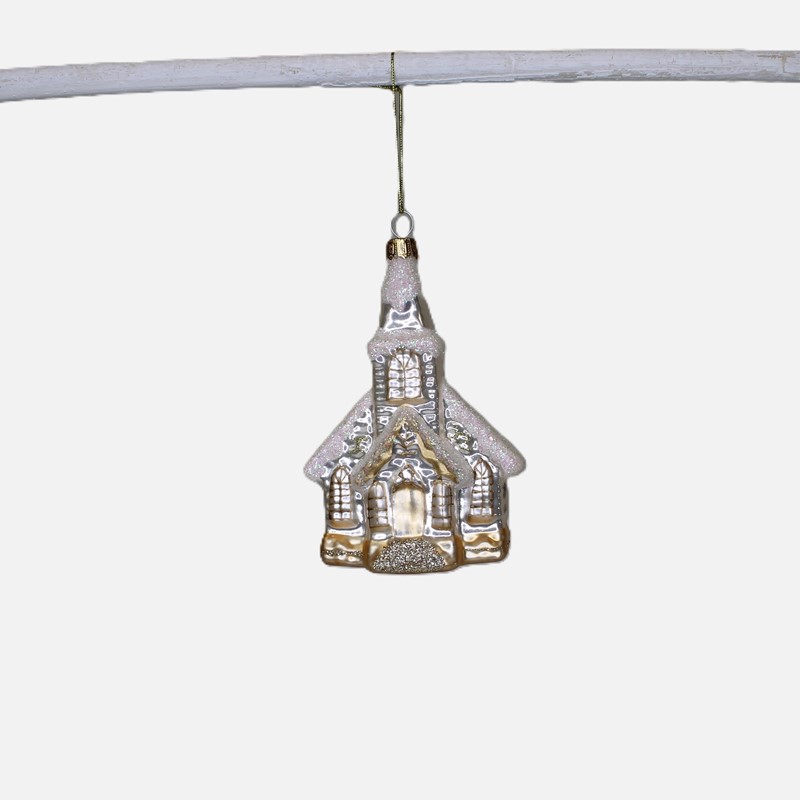 3.5x2x5" Glittered Church Blown Glass Ornament CM3022