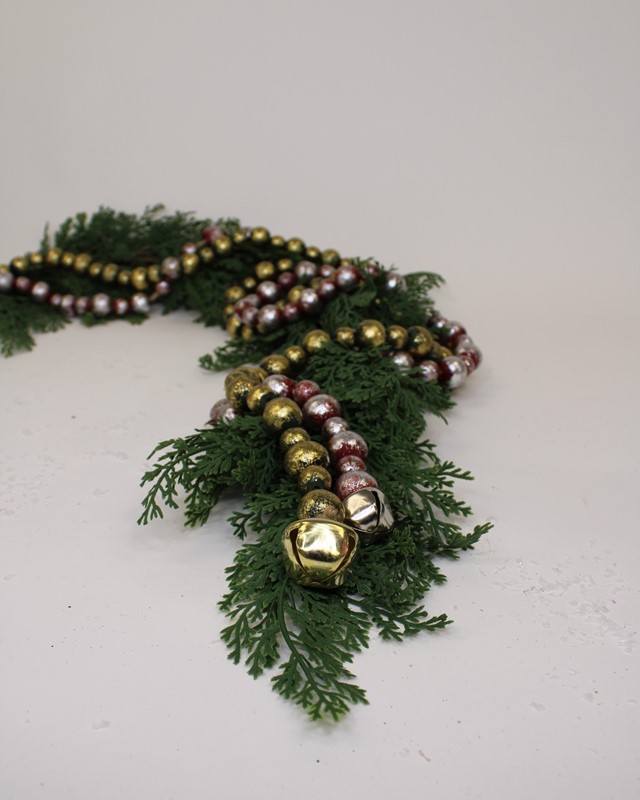 72" Green with Gold Wood Bead Garland with Bell CM3089