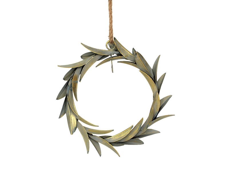 11x2x11" Metal Laurel Wreath, Sage with Gold Brush CM3151