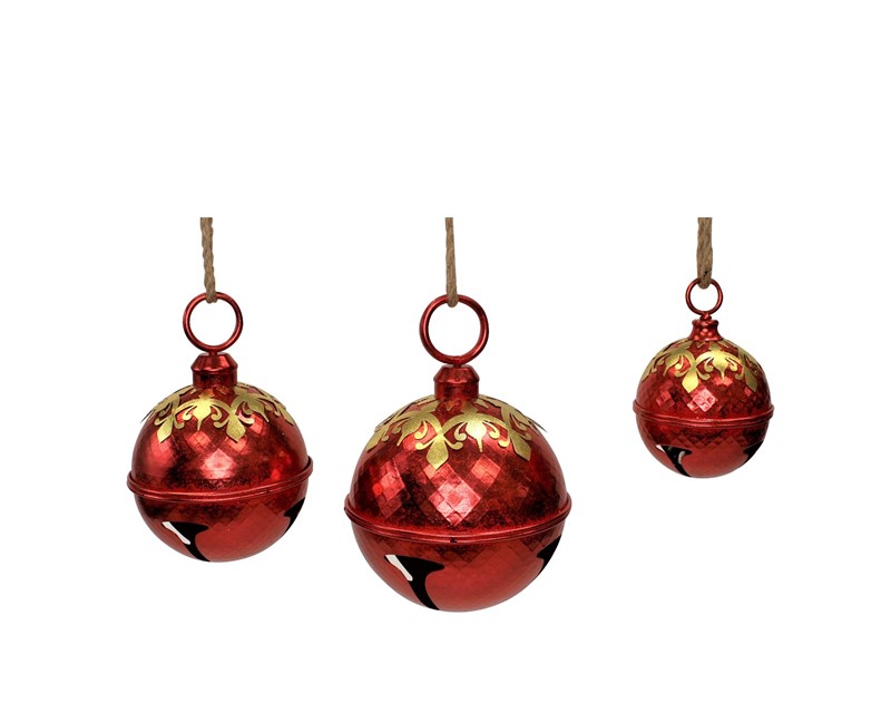 6.5x6.5x10" Red Metal Bell with Gold Ornate Topper, Glitter Finish CM3157