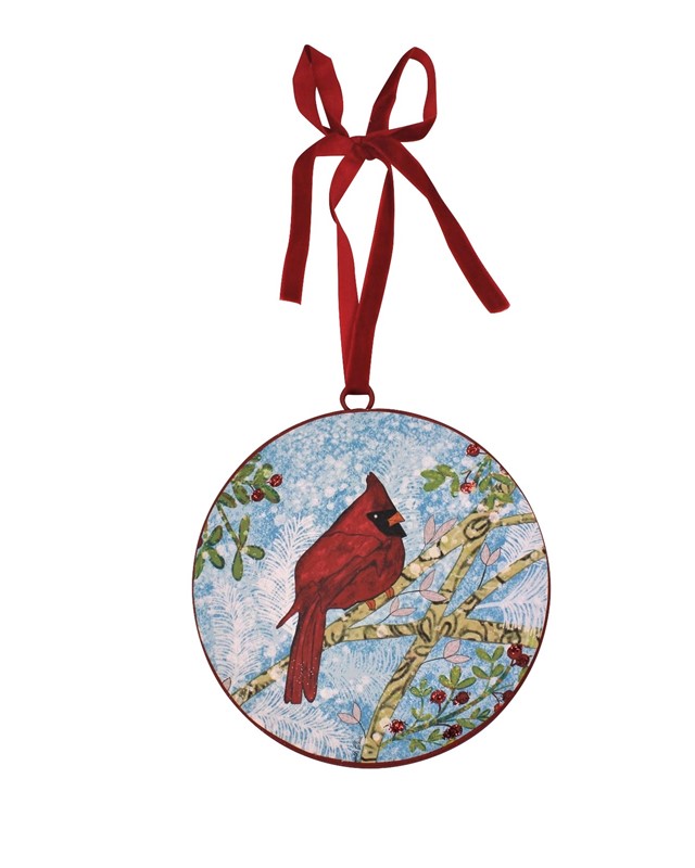 6" Metal Disc Ornament, Cardinal on Branch, Glitter Accent ©Elizabeth Claire ECX0011