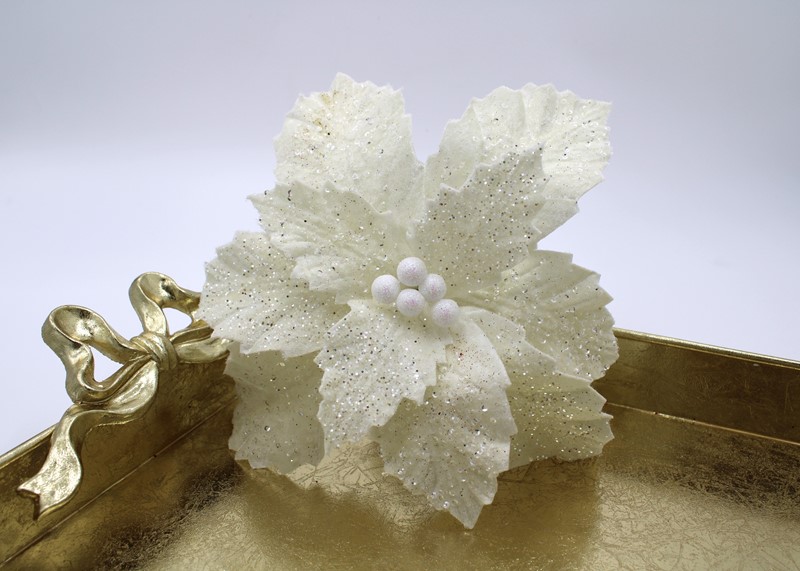 12x14" White Velvet Poinsettia Pick with Silver Glitter FLX6048