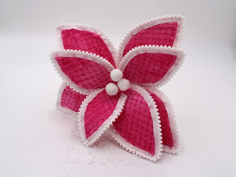 14" Bright Pink Chenille Poinsettia Pick with Pom Pom Trim and Center FLX6058