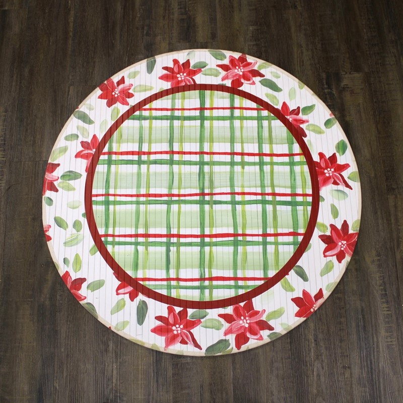 36" Round Bamboo Mat, Poinsettia Border, Plaid Center ©Haley Bush HBX1318