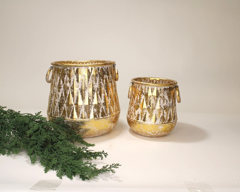 Set/2 Faceted Metal Pots, Metallic Gold Finish, 9x9x9, 6x6x7" CM3193S