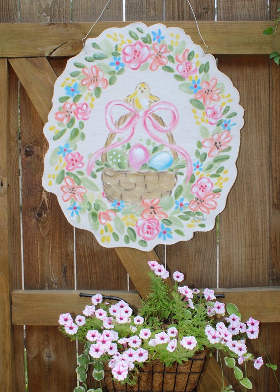 20x23.5" Handpainted Burlap Door Décor, Floral Egg Easter Basket ©Haley Bush HB2093