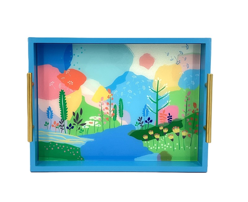 16x12x3" Wood Tray with Gold Handles, Modern Graphic Landscape ©Gal ben Aharon GB1507