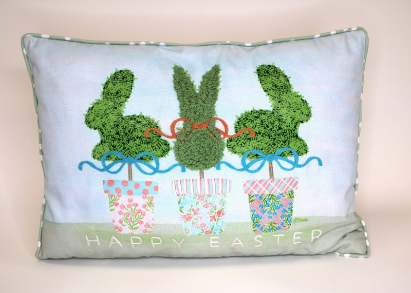 14x20" Pillow w Boucle & Crewel Embroidery, Bunny Topiary Trio ©Haley Bush HB2120