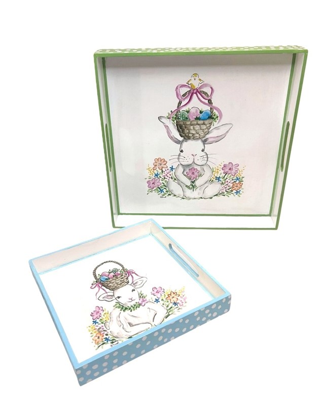 Set/2 Handpainted MDF Trays, Lamb & Bunny w Basket, 10x1.5, 14x1.5" ©Haley Bush HB2151S
