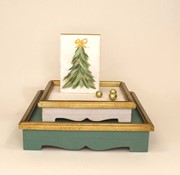Set/2 Wood Tray Risers, Sage and Ivory Trimmed in Gold, L 11x11x3" CM3165S View 2
