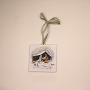 5x5" Metal Square Ornament, Holy Family in Creche with Rabbits ©Dana Shoops DSX7012 View 2