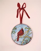 6" Metal Disc Ornament, Cardinal on Branch, Glitter Accent ©Elizabeth Claire ECX0011 View 2