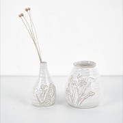 4" Skinny Ceramic Vase with Debossed Flowers, White HD6399 View 3