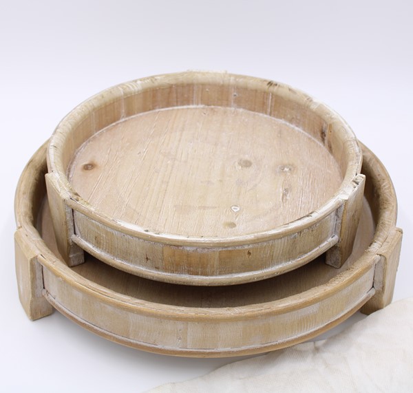 Set/2 Round Wood Trays with Feet, 13.5x3" 10.5x3" HD5302