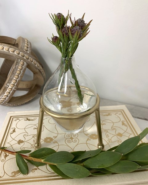 4" Glass Bottle Vase in Gold Tripod Stand HD6092