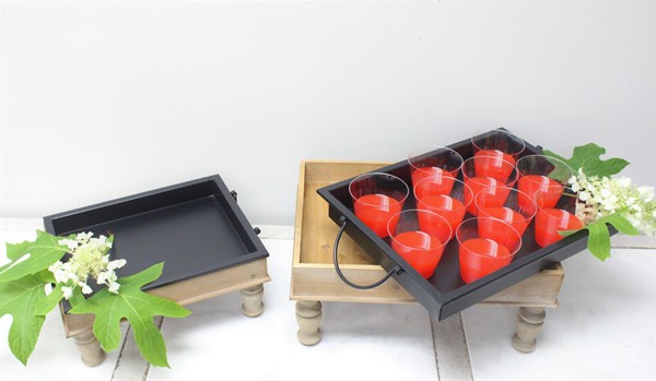 Set/2 Wood Risers with Legs, Metal Tray Inserts, 15.5x11.75x7", 10.5x9.75x5.5" HD7011S