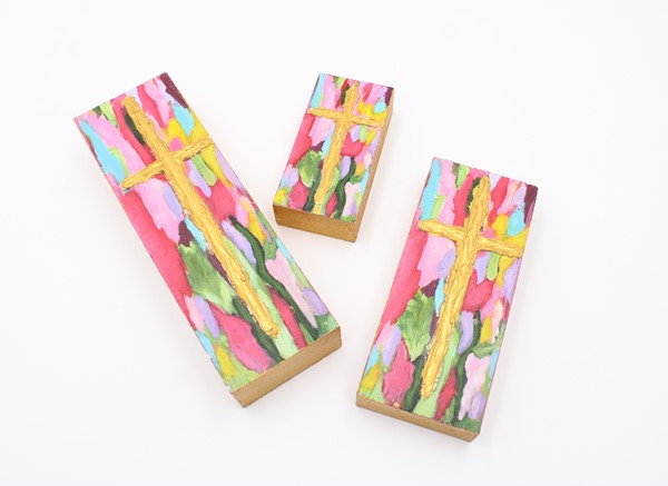 Set/3 Handpainted Wood Cross Blocks, Brights, 2.5x8" 2.5x6" 2x4" ©Haley Bush HB2004S
