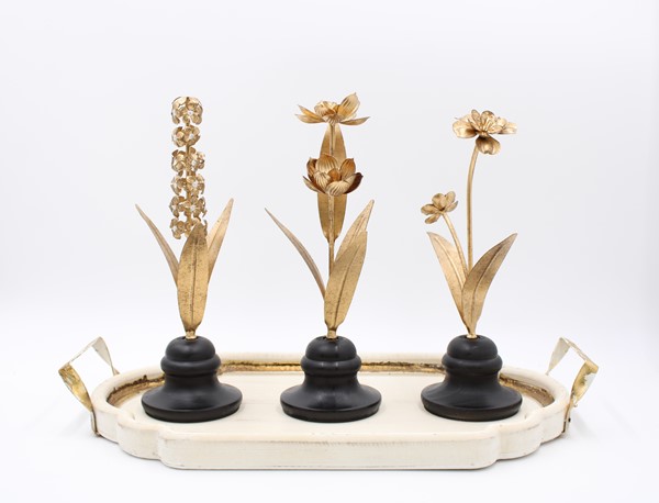 12" Metal Flower Finials on Black Wood Stand, 3 Assorted HD4259A