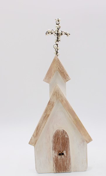 5.5x13.5" Wood Church with Pearl Cross Steeple HD4300