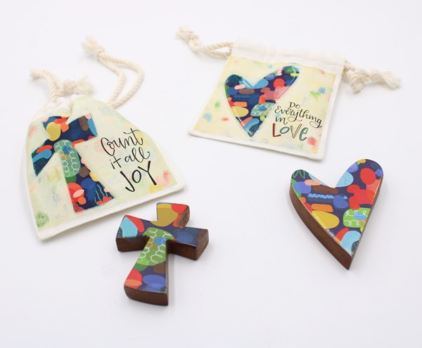 3x.25x.5" Wood Pocket Cross/Heart in Pouch, Abstract, 2 Assorted ©Jill Alford JA1007A