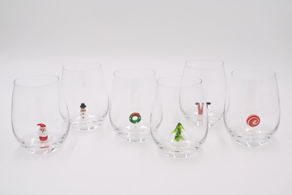 3.5x4.75" Stemless Wineglasses w/ Decorative Glass Icon, 6 assorted CM1027A