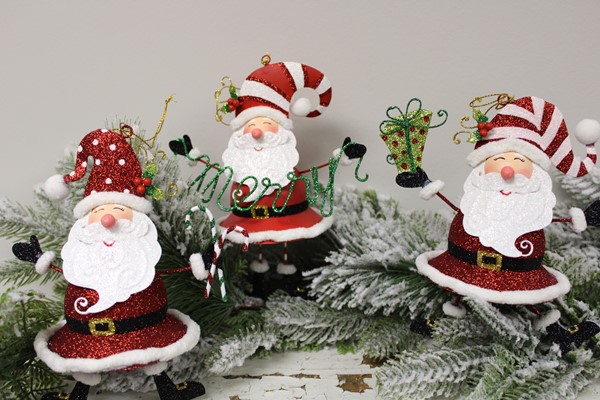 6.75-7.25" Metal Ornament w/ Glitter, Whimsical Santa, 3 assorted CM1125A