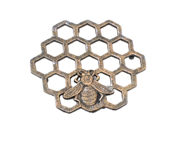 8x7.5" Cast Iron Honeycomb and Bee Trivet, Antique Gold HD7134