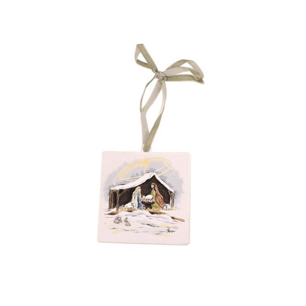 5x5" Metal Square Ornament, Holy Family in Creche with Rabbits ©Dana Shoops DSX7012