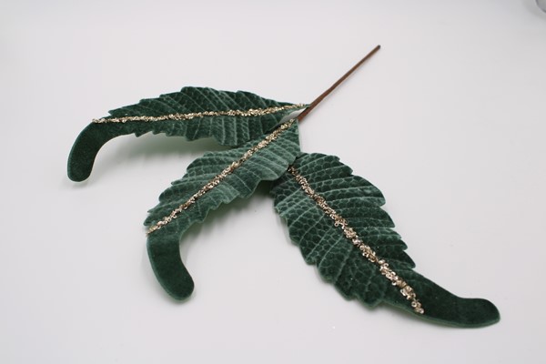 21" Sage Green Velvet Leaf Stem x3 with Glitter FLX6000