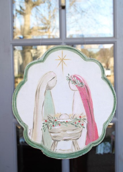 22x24" Handpainted Door Décor, Holy Family Scalloped Trim, Glittered ©Haley Bush HBX1346
